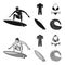 Surfer, wetsuit, bikini, surfboard. Surfing set collection icons in black,monochrom style vector symbol stock