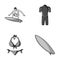Surfer, wetsuit, bikini, surfboard. Surfing set collection icons in monochrome style vector symbol stock illustration