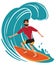 Surfer in wetsuit with surfboard standing and riding