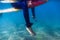 Surfer woman is sitting on surfboard, underwater. Surfer and ocean