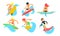 Surfers Characters Riding Waves Set, Young Man and Woman with Surfboards, Summer Extreme Water Sport Vector Illustration