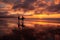 Surfers enjoying an amazing sunset with beautiful cloud formations and the sun, Generative Ai