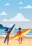 Surfers man and woman couple on the beach, coast, palm trees. Get ready to surf. Resort, tropics, sea, ocean. Vector