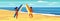 Surfers man and woman couple on the beach, coast, palm trees. Get ready to surf. Resort, tropics, sea, ocean. Vector