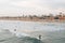 Surfers and view of the beach in Newport Beach, Orange County, California