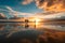 Surfers walking on the beach during sunset clouds reflection on water ai generated art