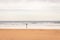 Surfers on wide beach, bay of Biscay. Surf concept. Active people. Idyllic surfing day in Spain. Seascape with waves and surfers.