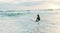 Surfing, beach and woman on surfboard in ocean for water sports, fitness and freedom in morning. Nature, travel and
