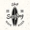 Surfing black vintage vector emblem with surfboard