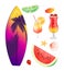 Surfing Board Summer Icons Set Vector Illustration