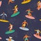 Surfing boys and girls on the surf boards catching waves in the sea. Summer beach. Vector seamless pattern.