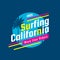 Surfing California - concept logo badge vector illustration for t-shirt, print, poster, brochure. Summer, palms, surf. Tropical