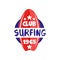 Surfing club logo estd 1965, retro badge for surf school, beach rest, summer water sports vector Illustration