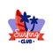 Surfing club logo, retro badge for surf school, beach rest, summer water sports vector Illustration