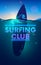 Surfing club vertical banner or background. surfboard underwater in sea on sunset. wave waterline and bubbles on surface of ocean