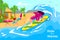 Surfing girl at summer vacation, vector illustration. Surf sport at ocean wave, travel surfboard lifestyle. Sea beach