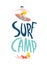 Surfing guys in the ocean. Surf camp lettering