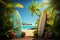 Surfing haven Paradise island adorned with palms invites with vibrant surfboards
