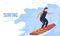 Surfing landing page video play web banner vector surfer surfboard riding wave extreme water sport