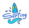 Surfing Lettering or Typography Design, Badge with Doodle Elements Surf Board with Sea Waves. Summer Time Vacation, Travel