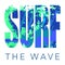 Surfing logo with sign and textured background with watercolor spots and splashes.