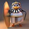 Surfing mad penguin pharaoh Tutankhamun has bought a gold surfboard, 3d illustration