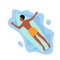 Surfing man floating on surfboard in ocean or sea water, swimming, lying on surf board