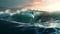 Surfing men ride majestic waves, crashing against idyllic coastline generated by AI