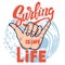 Surfing is my life. Human hand with shaka sign . Design element for logo, label, sign, emblem, poster.