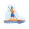 Surfing or paddling on surfboard, vector icon