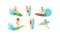 Surfing People Collection, Male and Female Surfers in Swimwear Riding Waves Vector Illustration