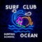 Surfing Poster in Neon Style. Glowing Sign for Surf Club or Shop. Surfboards Electric Icons on Brick Wall Background
