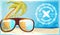 Surfing poster - ocean, glasses and palms with badge. vector