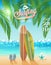 Surfing poster with tropical beach background.