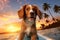 a surfing puppy with palm trees and a sunset in the background