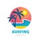 Surfing summer nights - concept business logo vector illustration in flat style. Tropical holiday paradise creative logo. Palms,