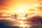 Surfing into the sunset: two surfers silhouette against the colorful sky.adventure and thrill