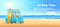 Surfing van on the sandy beach, sea waves and clear sunny day. Surf bus banner design.