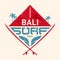 Surfing vintage lable with waves, palm and surfboards. Surf Vector illustration.