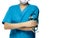 Surgeon doctor or nurse wear blue scrubs uniform and pink face mask. Physician stand with arms crossed and hand holding