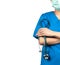 Surgeon doctor wear blue scrubs shirt uniform and green face mask. Physician stand with arms crossed and hand holding stethoscope.