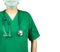 Surgeon doctor wear green scrubs shirt uniform and green face mask. Physician with stethoscope hang on neck. Healthcare