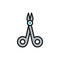 Surgical scissors, medical clamp, instruments for surgery flat color line icon.