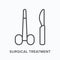 Surgical treatment flat line icon. Vector outline illustration of scalpel and forceps. Black thin linear pictogram for