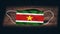 Suriname National Flag at medical, surgical, protection mask on black wooden background. Coronavirus Covidâ€“19, Prevent infection