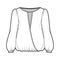 Surplice blouse technical fashion illustration with bouffant long sleeves, gathered hem, wide wrap scoop neck, oversized