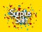 Surplus sale sign over colorful cut out foil ribbon confetti background