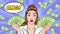 surprise business woman successful and shocking with Falling Money say WOW OMG Pop art retro comic