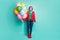 Surprise. Full body photo of excited lady birthday party bring colorful air balloons wear casual red coat scarf pink ear