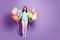 Surprise. Full size photo of pretty lady bring many colorful air balloons friends event party wear fuzzy mint sweater